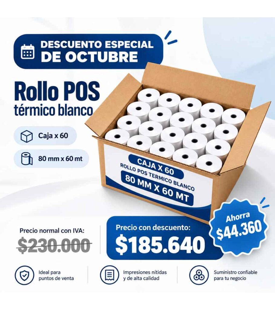 CAJA DE 60 ROLLO POS TÉRMICO BLANCO 80 MM X 60 MT